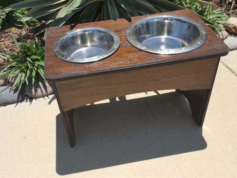 Small Texas Black Walnut - 1 Quart Raised Dog Bowl Stand - With Bowls